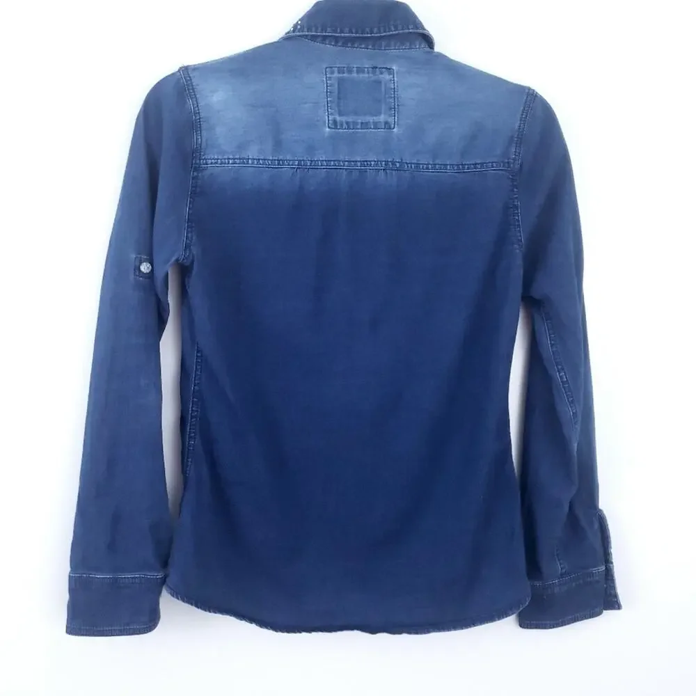 Justice Ombre Denim Shirt Rhinestone Size 16 Girls Kids Long Sleeve Button Down